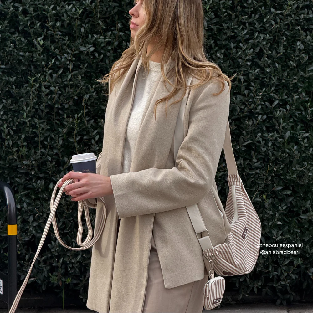 Crossbody Crescent Dog Walking Bag - London Linen Stripes - Image 4