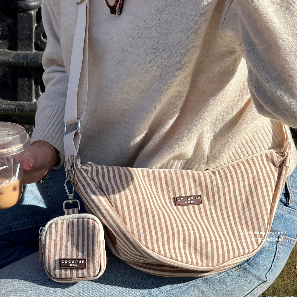 Crossbody Crescent Dog Walking Bag - London Linen Stripes - Image 5