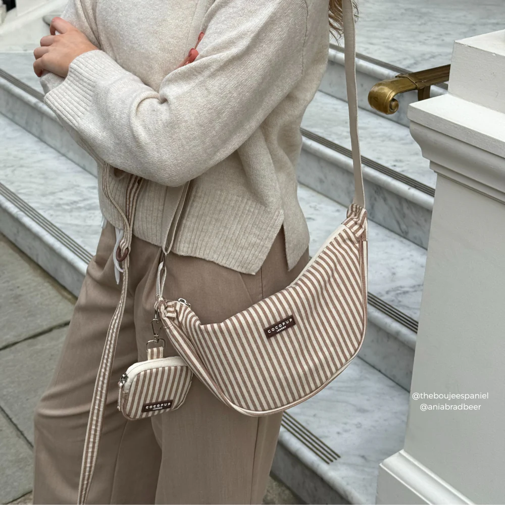 Crossbody Crescent Dog Walking Bag - London Linen Stripes - Image 6