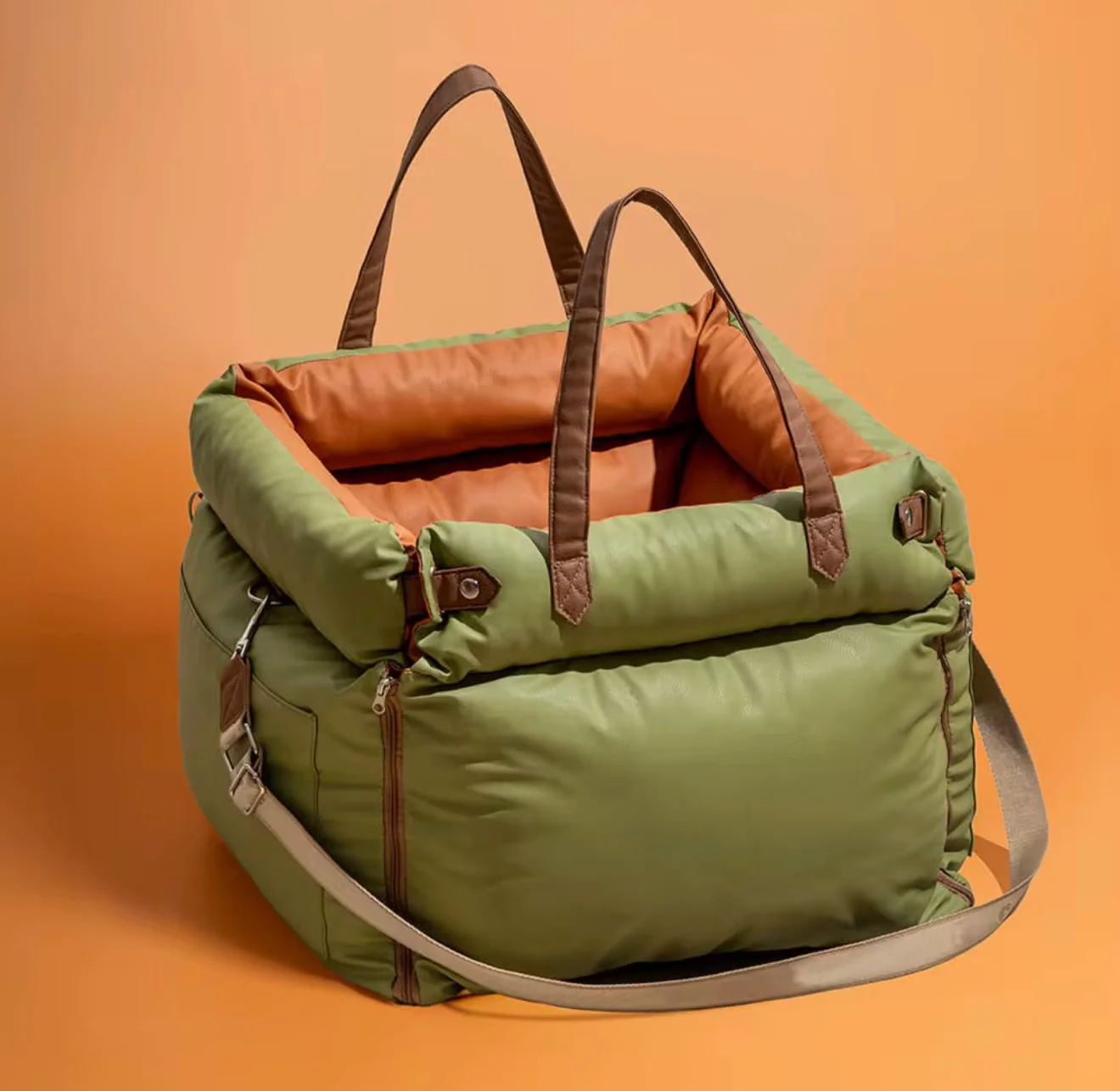 Luxury Multi-Use Dog Car Seat & Travel Bed – Portable Carrier, Home Bed & Fully Washable, Green/Orange - Image 4